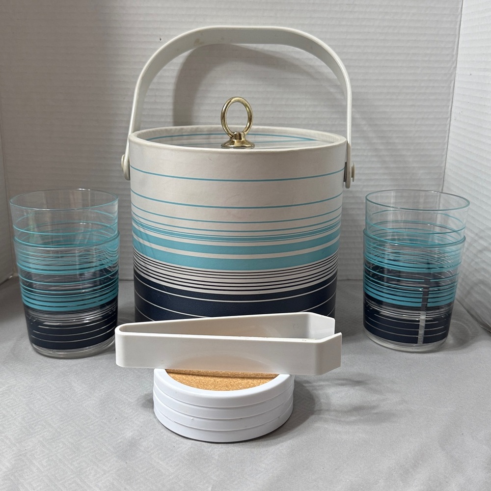 Vintage Ice Bucket 4 Glasses 4 Coasters Tongs Set in Aqua, Navy & White Stripes